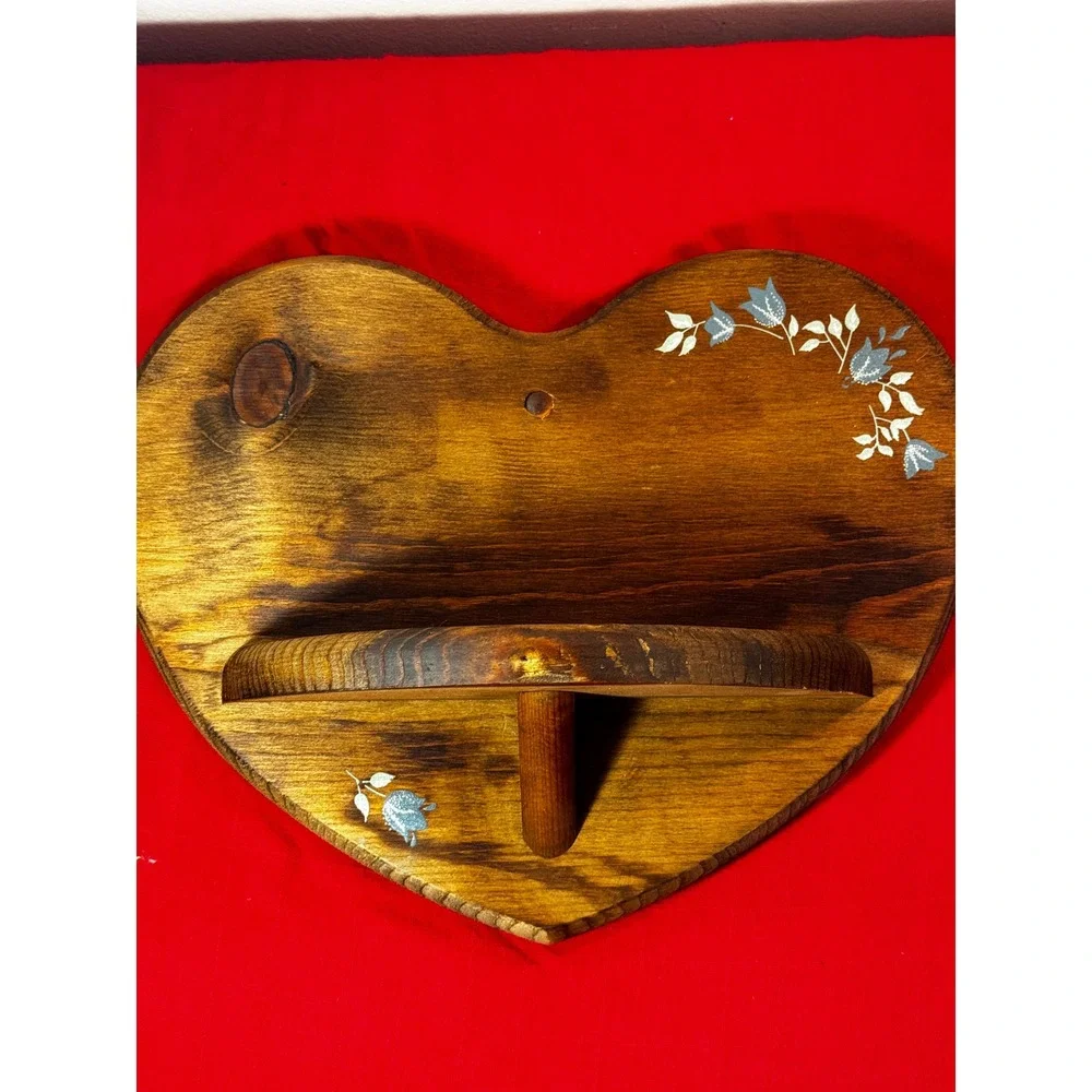 Vintage Heart Shaped Wood Wall Shelf Hand Painted Floral Cottagecore Decor